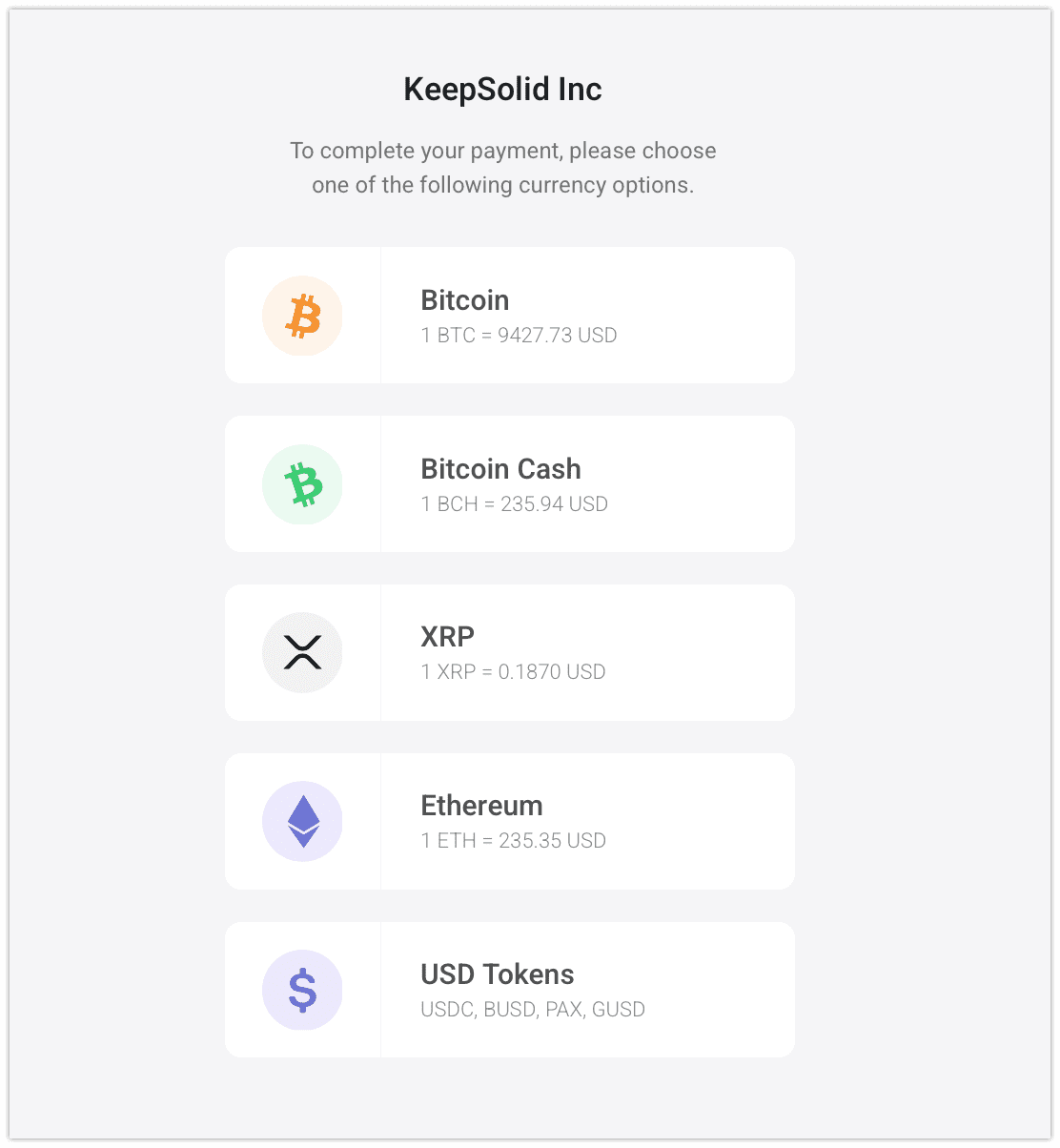 9. Choose the needed cryptocurrency option to complete your VPN payment (in this manual, we choose bitcoin).