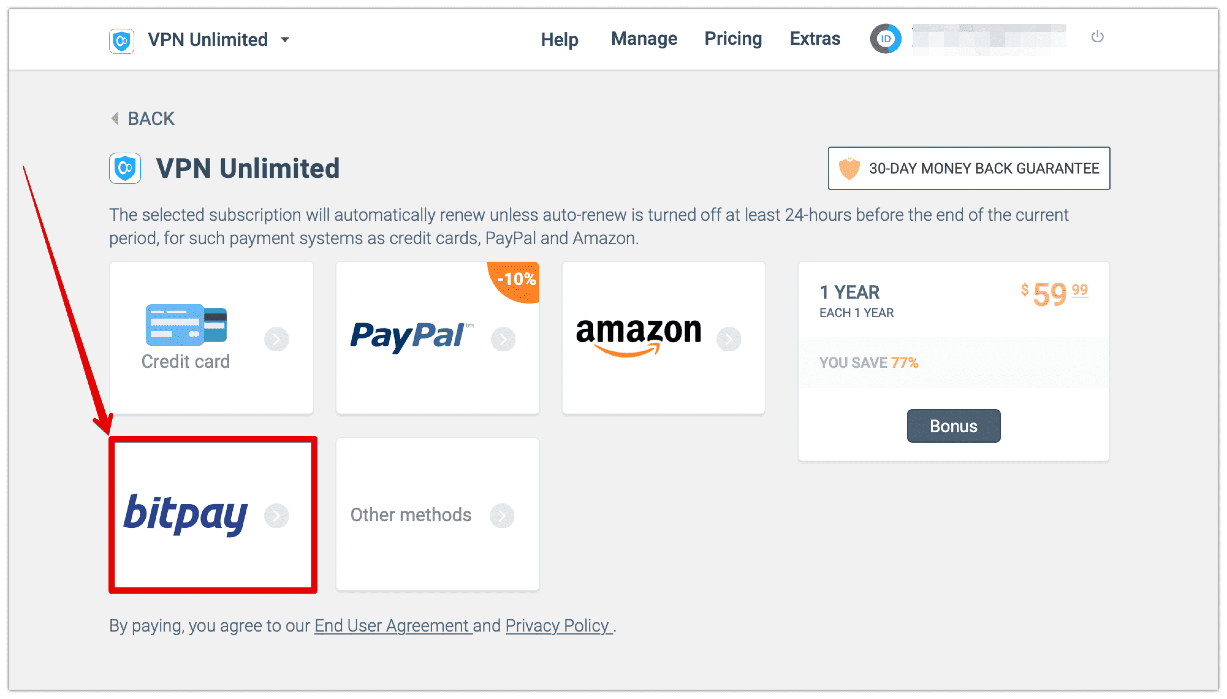5. In the payment method section, click on the bitpay to buy a VPN subscription.
