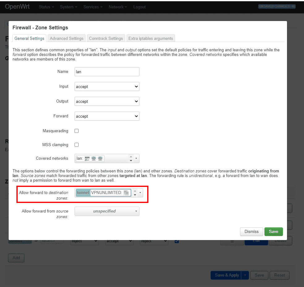 Remove wan from Allow forward to destination zones
