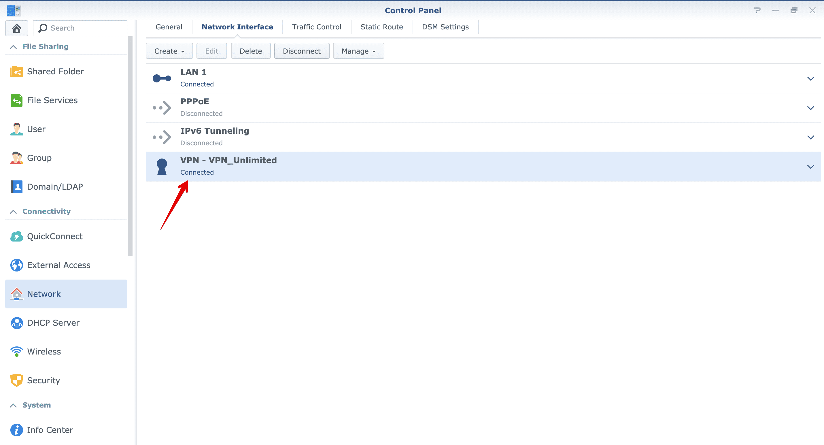 OpenVPN on Synology, connected status