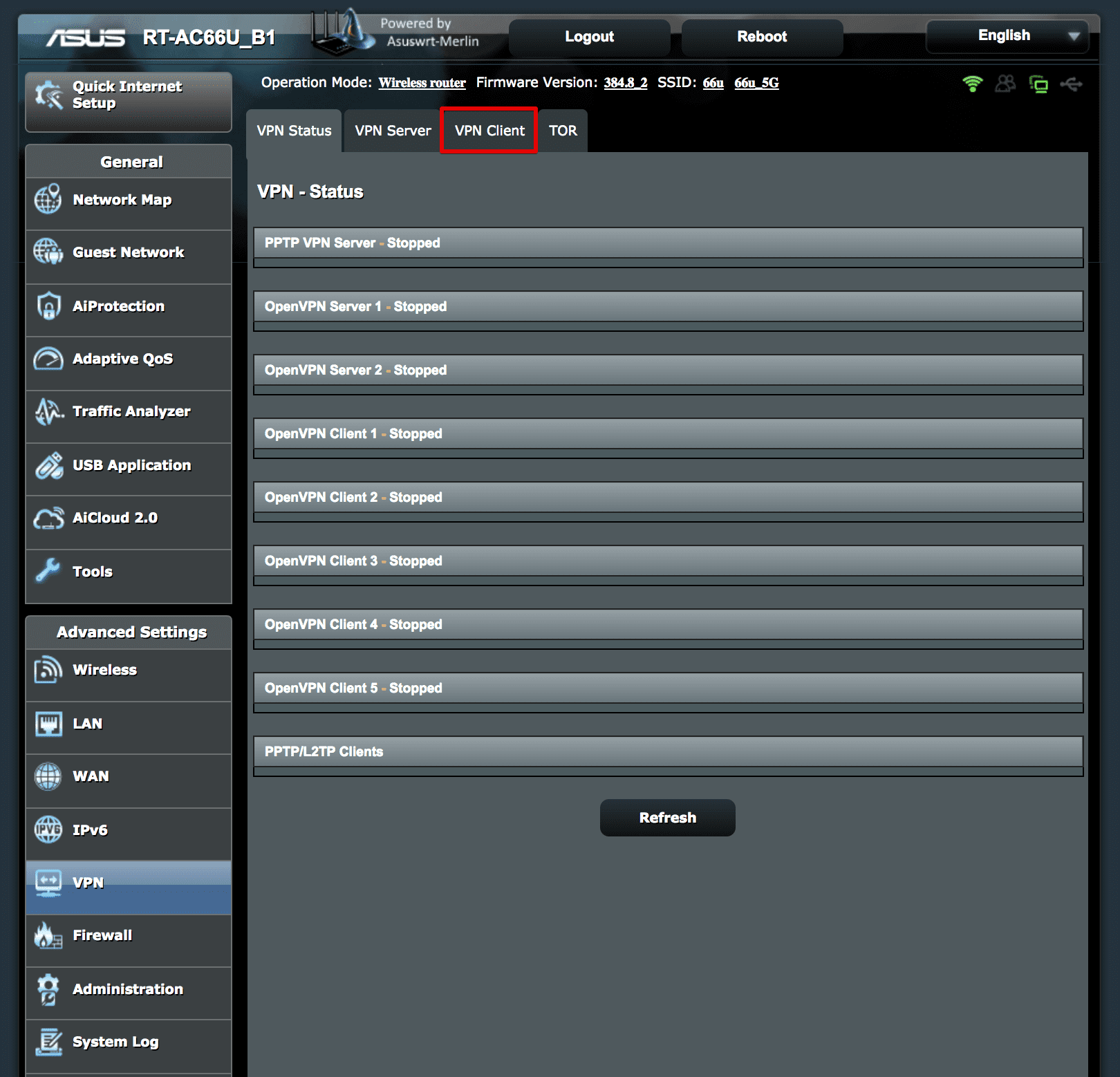 How to setup VPN on Asuswrt-Merlin: VPN Client tab via Advanced Settings