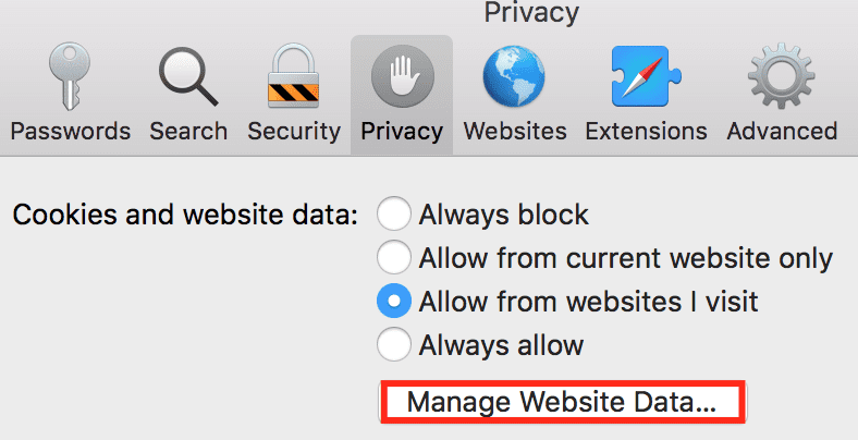 How do cookies affect the VPN? - In Safari on macOS - On the Privacy tab, click Manage WebSite Data