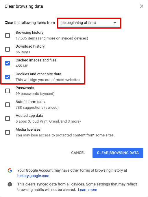How do cookies affect the VPN?-In GoogleChrome for PC-Choose beginning of time to delete everything