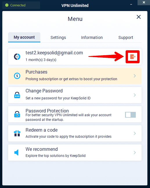 If you want to log out of your KeepSolid ID account, just click on icon: VPN app for Windows PC