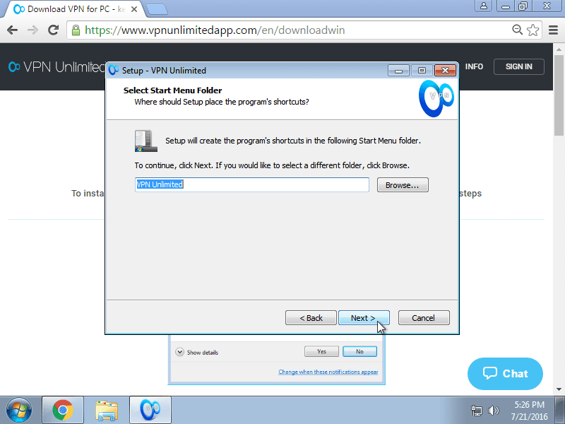 How to install VPN App on Windows 7 - Choose a folder name in the Start menu, and click Next.